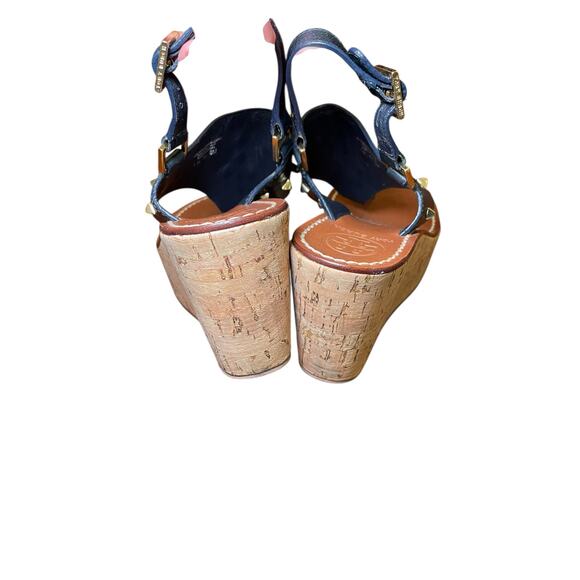 Tory Burch Espadrille Women 9 Cork Wedge Heel Sandal‎ Black & Gold Metal Studded - Picture 8 of 12